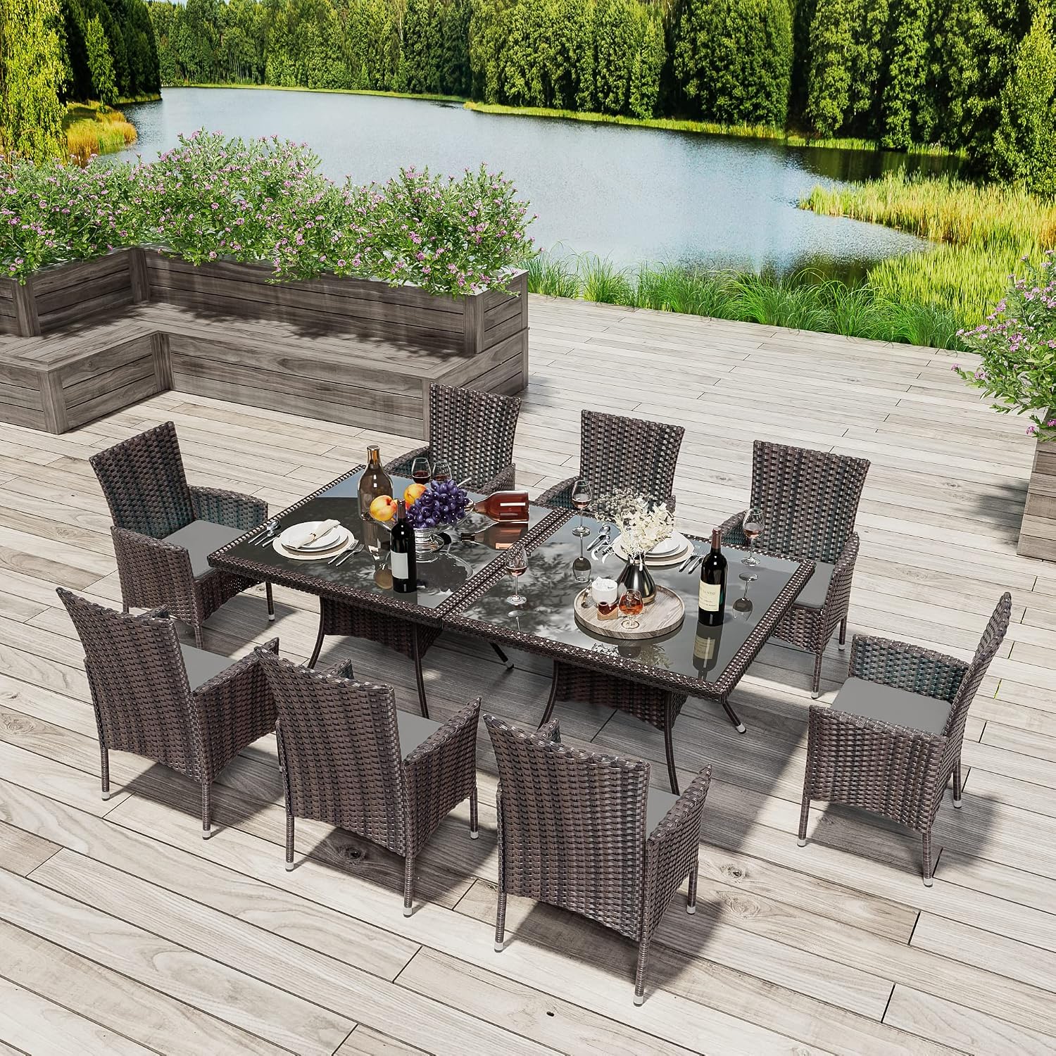 10 Pieces Outdoor Patio Dining Set,Patio Table and Chairs Rattan Outdoor Patio Furniture Set with Umbrella Hole,Dining Table Set for 8 with Chairs for Backyard,Garden and Kitchen,Grey