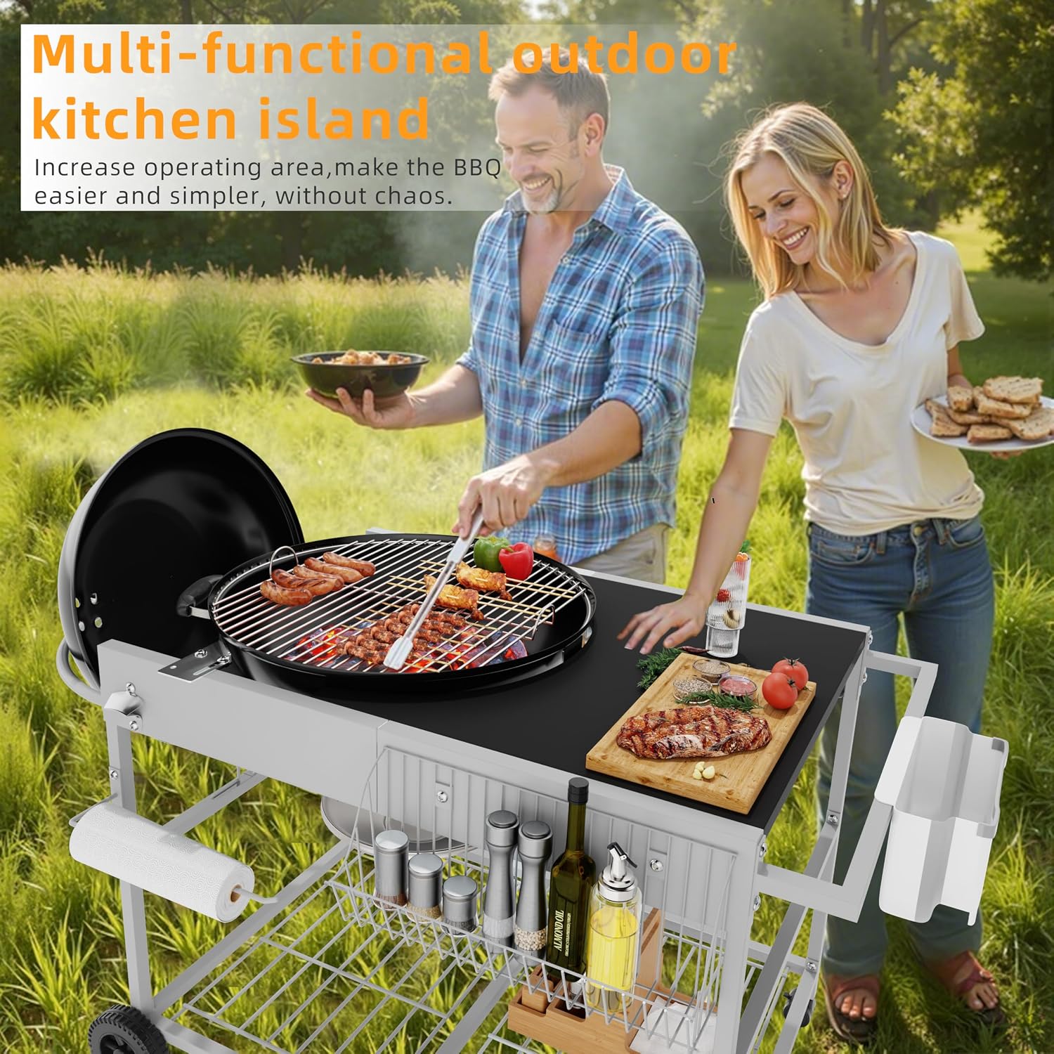 Vongrasig Grill Cart for Weber Kettle 18' & 22', Charcoal Grill Table, Outdoor Kitchen Island with Storage for Jumbo Joe,Master-Touch Charcoal Grill, Silver