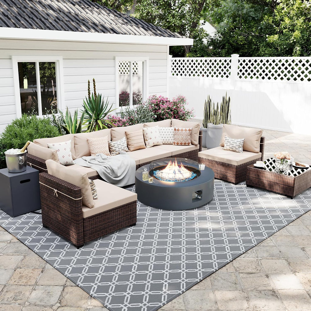 UPHA 9 Pieces Patio Furniture Sets, Wicker Outdoor Sectional Sofa Couch with Round Propane Pit for Deck Backyard Garden, Brown Rattan, Beige Cushion
