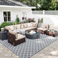 UPHA 9 Pieces Patio Furniture Sets, Wicker Outdoor Sectional Sofa Couch with Round Propane Pit for Deck Backyard Garden, Brown Rattan, Beige Cushion
