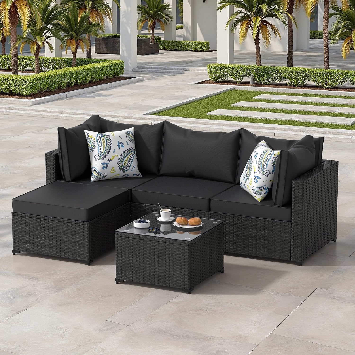 Patio Furniture Set, 5PCS Outdoor Sectional with Ottoman Wicker Rattan Patio Couch with Thickened Cushion Modular Wicker Patio Conversation Set with Glass Top Table for Balcony, Backyard (Black)