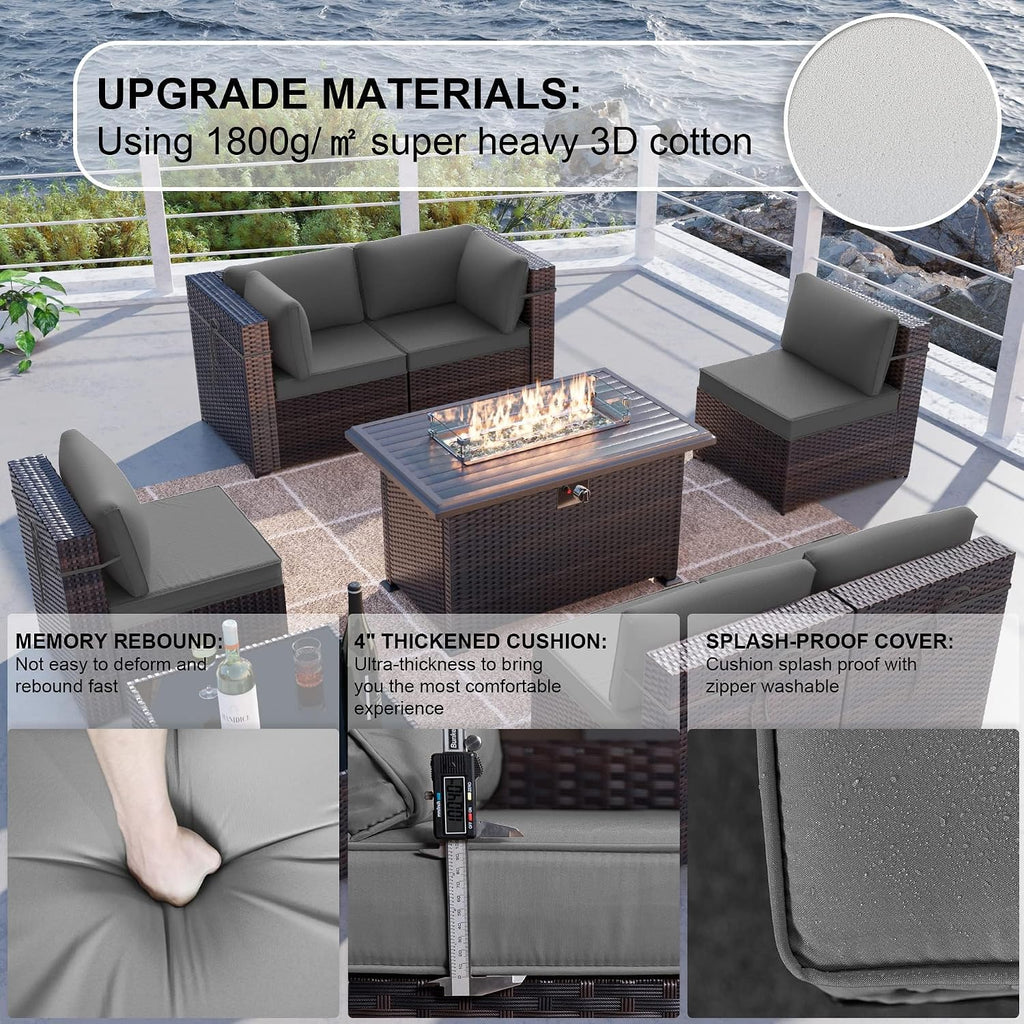 Kullavik 8 Pieces Outdoor Patio Furniture Set,Sectional Sofa Set with 43' 55000 BTU Gas Propane Fire Pit Table,Brown PE Rattan Wicker Patio Conversation Set,Grey