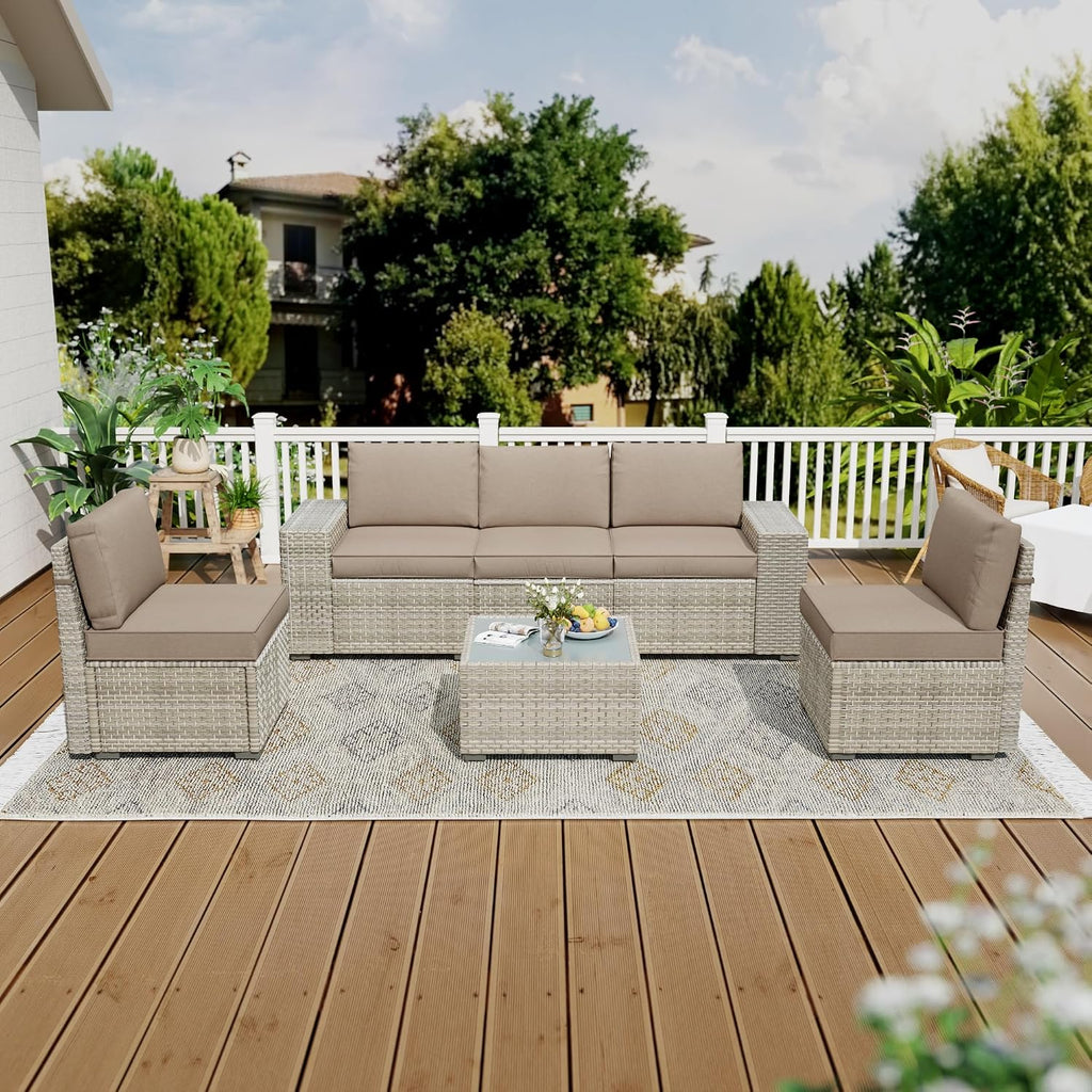 6 Piece Patio Furniture Set, 9.8' Wide Arm Sectional Sofa with Storage Armrests, All-Weather Rattan Outdoor Conversation Set for Garden, Porch, Lawn, Backyard, Balcony, Khaki