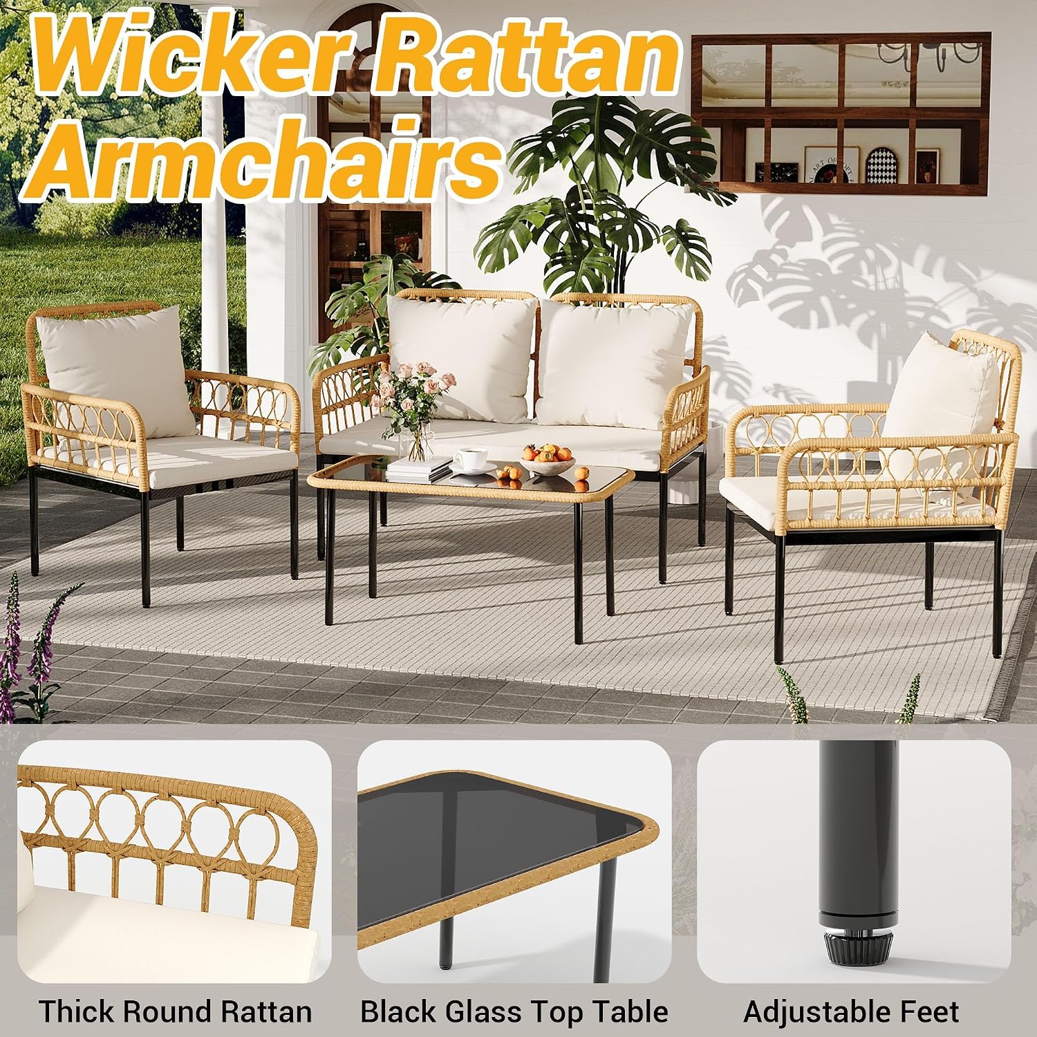 4 Pieces Patio Furniture Set,Outdoor All-Weather Wicker Rattan Bistro Set with Glass Table and Thick Cushions Boho Loveseat Chairs for Balcony Garden Backyard Poolside,Beige