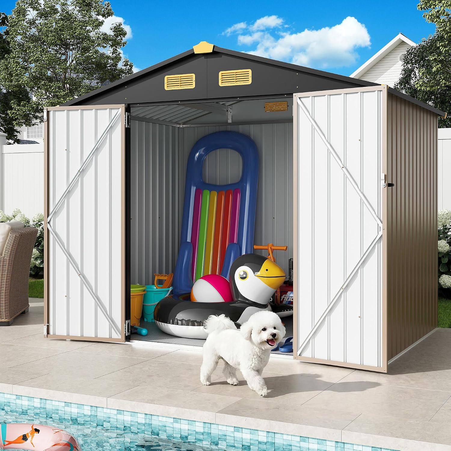 IRONCK 7.7x5.7 FT Storage Shed, Outdoor Metal Tool Shed with Breathable Vents and Lockable Doors, All-Weather Tool Storage for Patio, Outside, Poolside, Brown