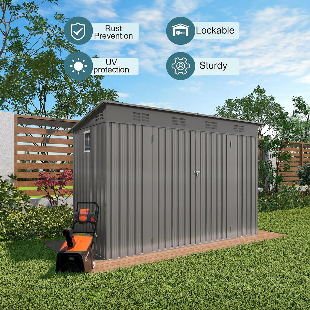 4 * 9.2 * 6 FT Outdoor Storage Shed, Galvanized Steel Garden Shed with Lockable Door & Window, Waterproof Metal Tool Storage for Garden, Backyard, Patio, Lawn(Gray)
