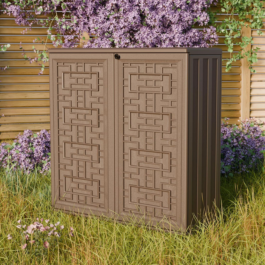 Mrosaa Indoor Outdoor Storage Cabinet Waterproof with 1 Shelf, Plastic Outdoor Storage Cabinets for Patio/Garden/Backyard, Size 34.3''L*15''W*36.2''H(Brown)