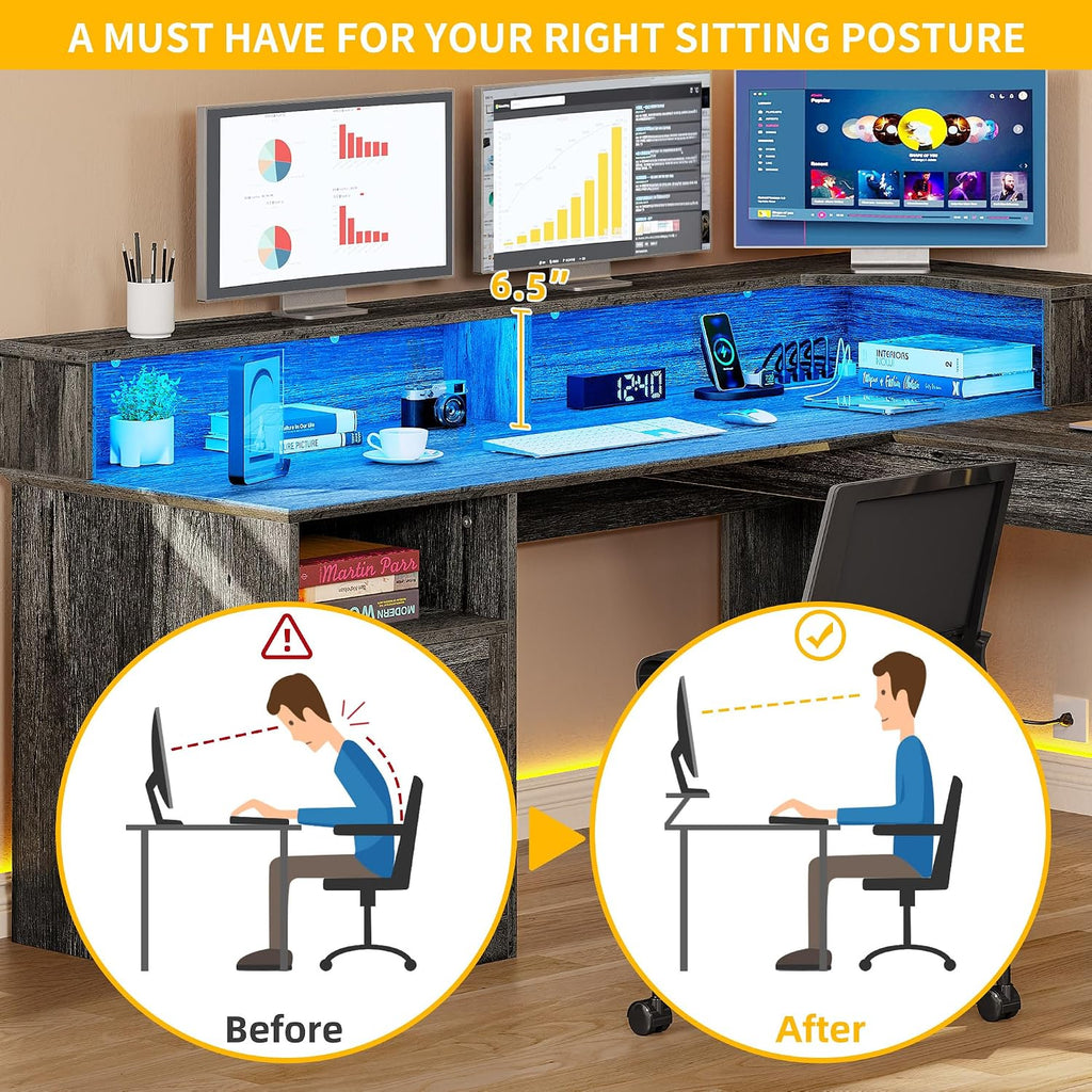 DWVO L Shaped Desk with Drawers, 60' Corner Computer Desk with Power Outlets & Lift Top, Home Office Desk with Storage Cabinet & LED Lights, Wood Desk, Height Adjustable Desk, Grey