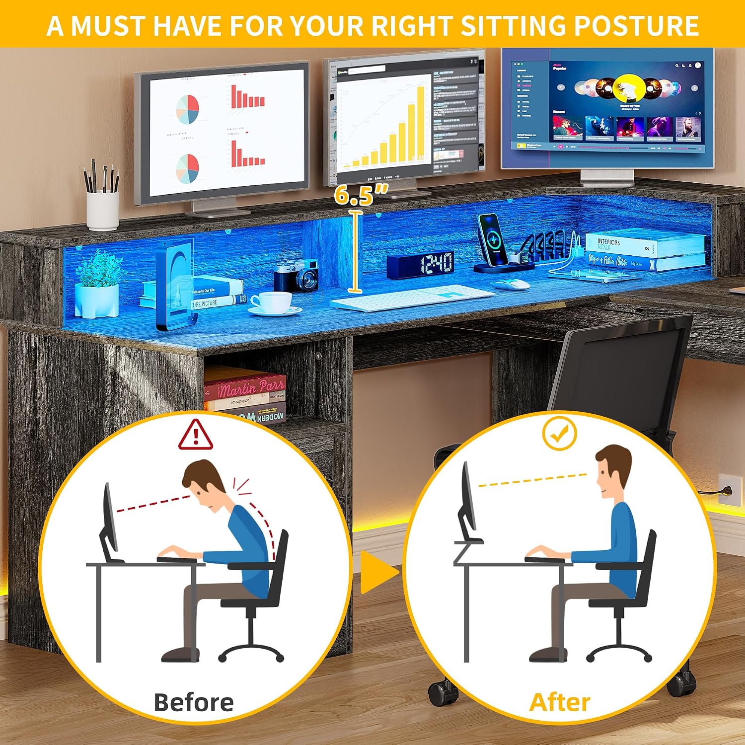 DWVO L Shaped Desk with Drawers, 60' Corner Computer Desk with Power Outlets & Lift Top, Home Office Desk with Storage Cabinet & LED Lights, Wood Desk, Height Adjustable Desk, Grey