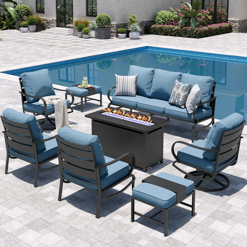 Sophia & William Patio Furniture Sets for 9 with 45' Gas Fire Pit Table Outdoor Conversation Sets 8 Pcs, 2xSofa Chairs, 2xSwivel Cushion Chairs, 1x3-Seat Sofa, 2xOttomans for Porch Poolside Navy