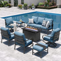 Sophia & William Patio Furniture Sets for 9 with 45' Gas Fire Pit Table Outdoor Conversation Sets 8 Pcs, 2xSofa Chairs, 2xSwivel Cushion Chairs, 1x3-Seat Sofa, 2xOttomans for Porch Poolside Navy