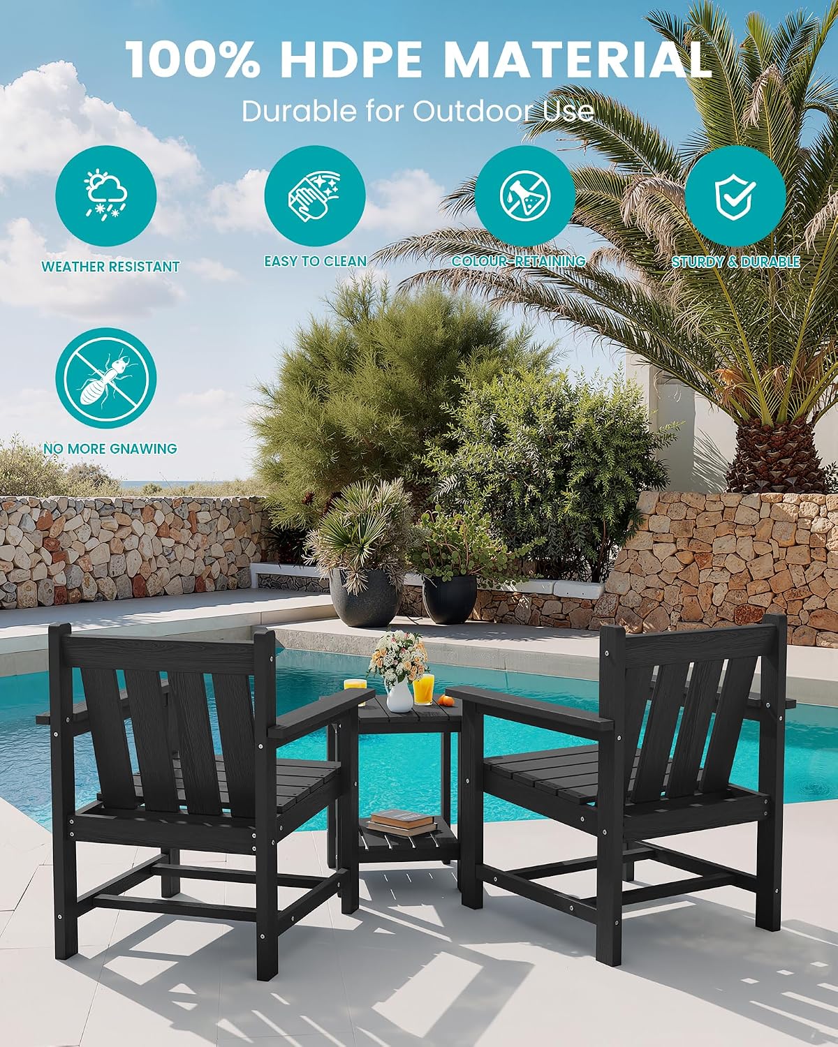 SEWRWALL Patio Furniture Set, HDPE Material All Weather Use Adirondack Chair Set with Side Table for Balcony, Porch, Garden, Backyard- Black