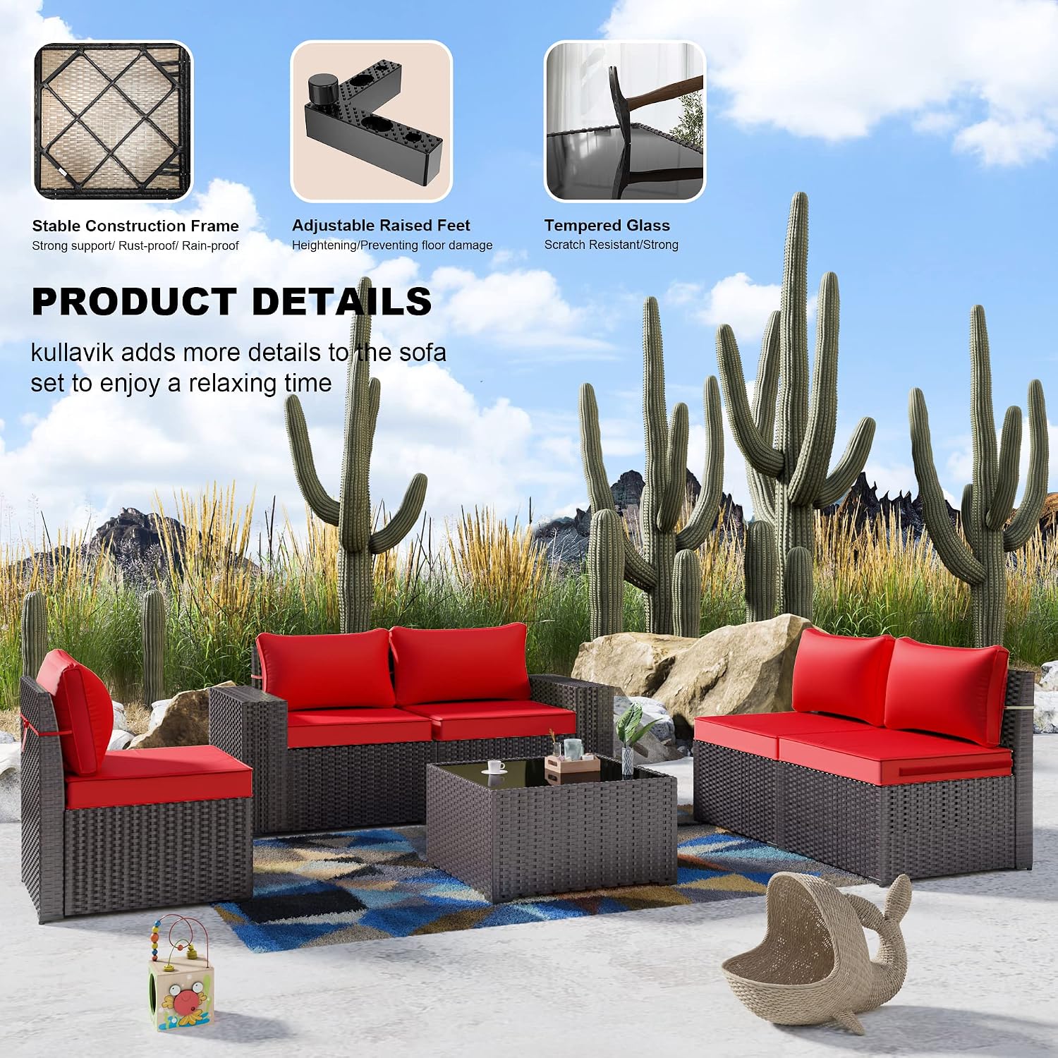Kullavik Outdoor Patio Furniture Set 6 Pieces Sectional Rattan Sofa Set Brown PE Rattan Wicker Patio Conversation Set with 5 Seat Cushions and 1 Tempered Glass Table, Red