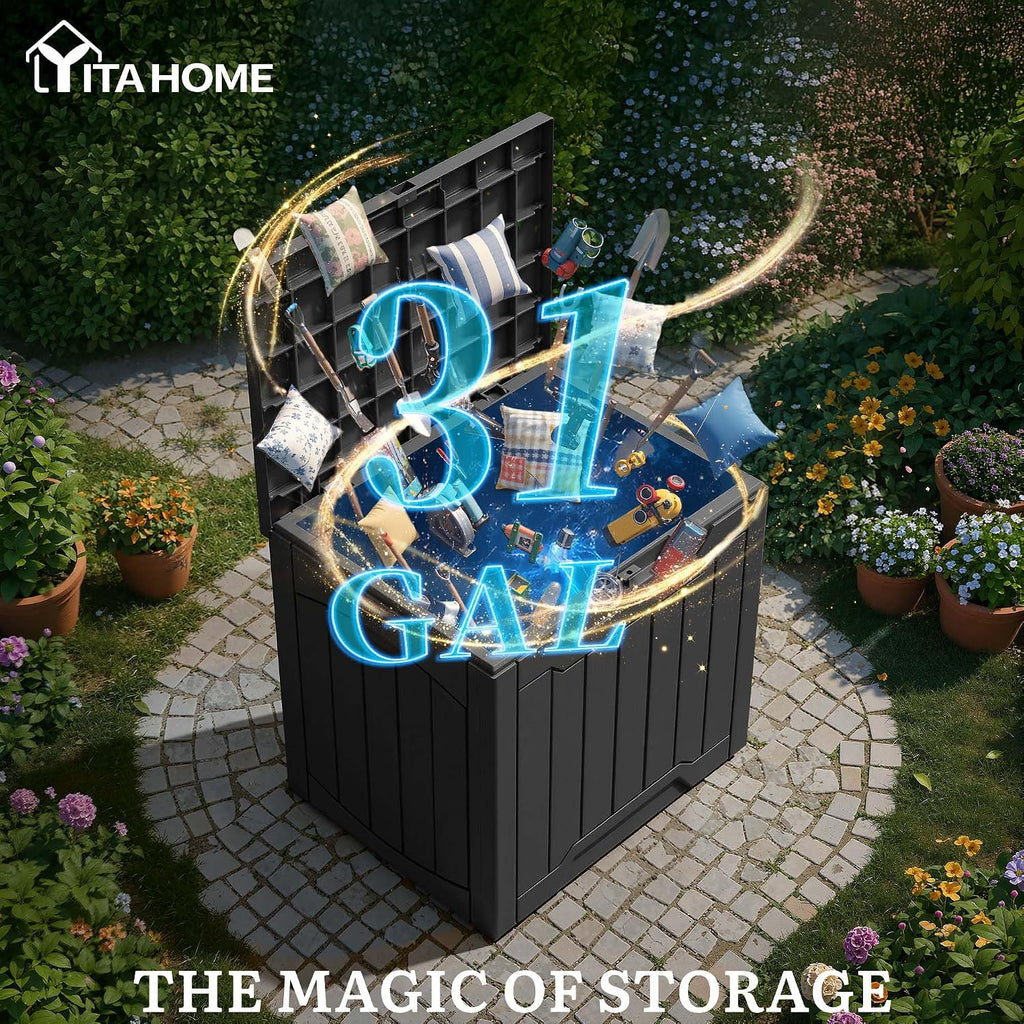 YITAHOME 31 Gallon Deck Boxes Set of 4, Lockable Outdoor Storage Bins for Patio Cushions, Garden Tools, Weather-Resistant Resin Storage Solution, Black