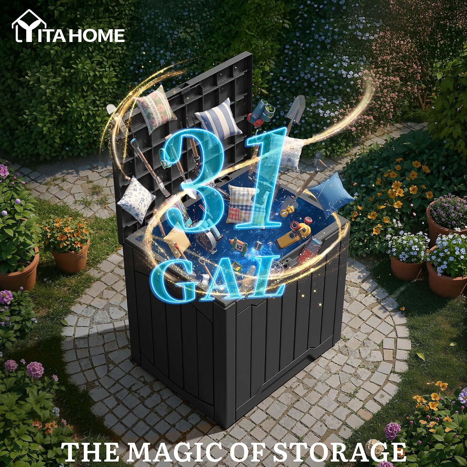 YITAHOME 31 Gallon Deck Boxes Set of 4, Lockable Outdoor Storage Bins for Patio Cushions, Garden Tools, Weather-Resistant Resin Storage Solution, Black