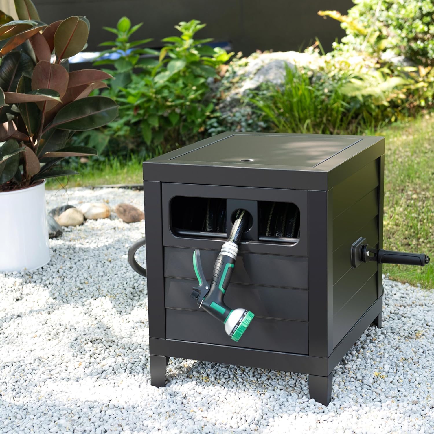 AQUAZILLA Metal Garden Hose Reel Deck box, Durable Steel Garden Hose Storage Box Cabinet, 150ft 5/8' Garden Hose Capacity. - Hose guide Manual Rewind, No-leak aluminum water connections