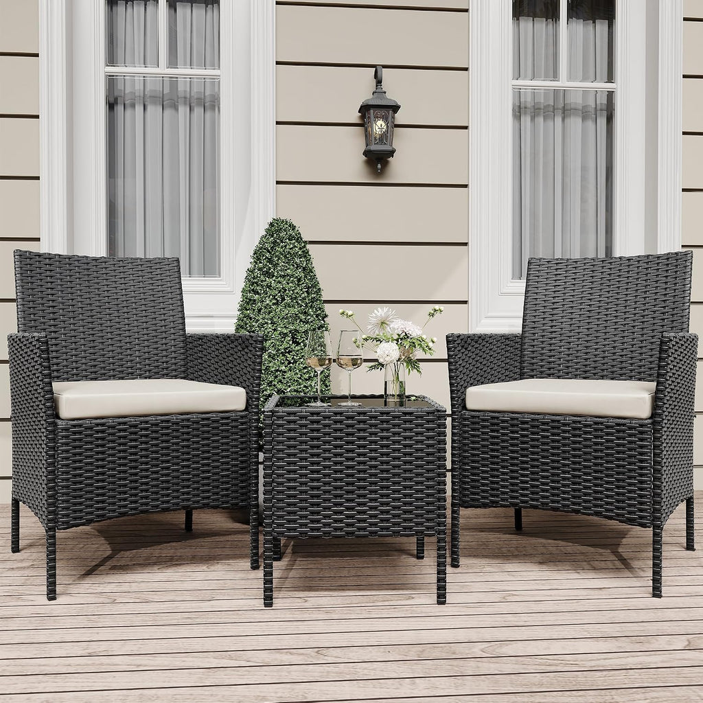 GarveeLife 3 Piece Patio Furniture Set, Rattan Outdoor Furniture with 2 Chairs & Coffee Table, Modern Outdoor Seating Conversation Bistro Set for Garden Backyard Porch (Black and Beige)