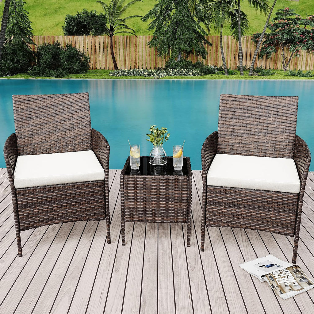 3 Piece Patio Furniture Set, Outdoor Patio Wicker Sofa Set with Upholstery and Glass Storage Coffee Table, All Weather Conversation Rattan Set for Garden, Porch, Lawn, Pool, Brown