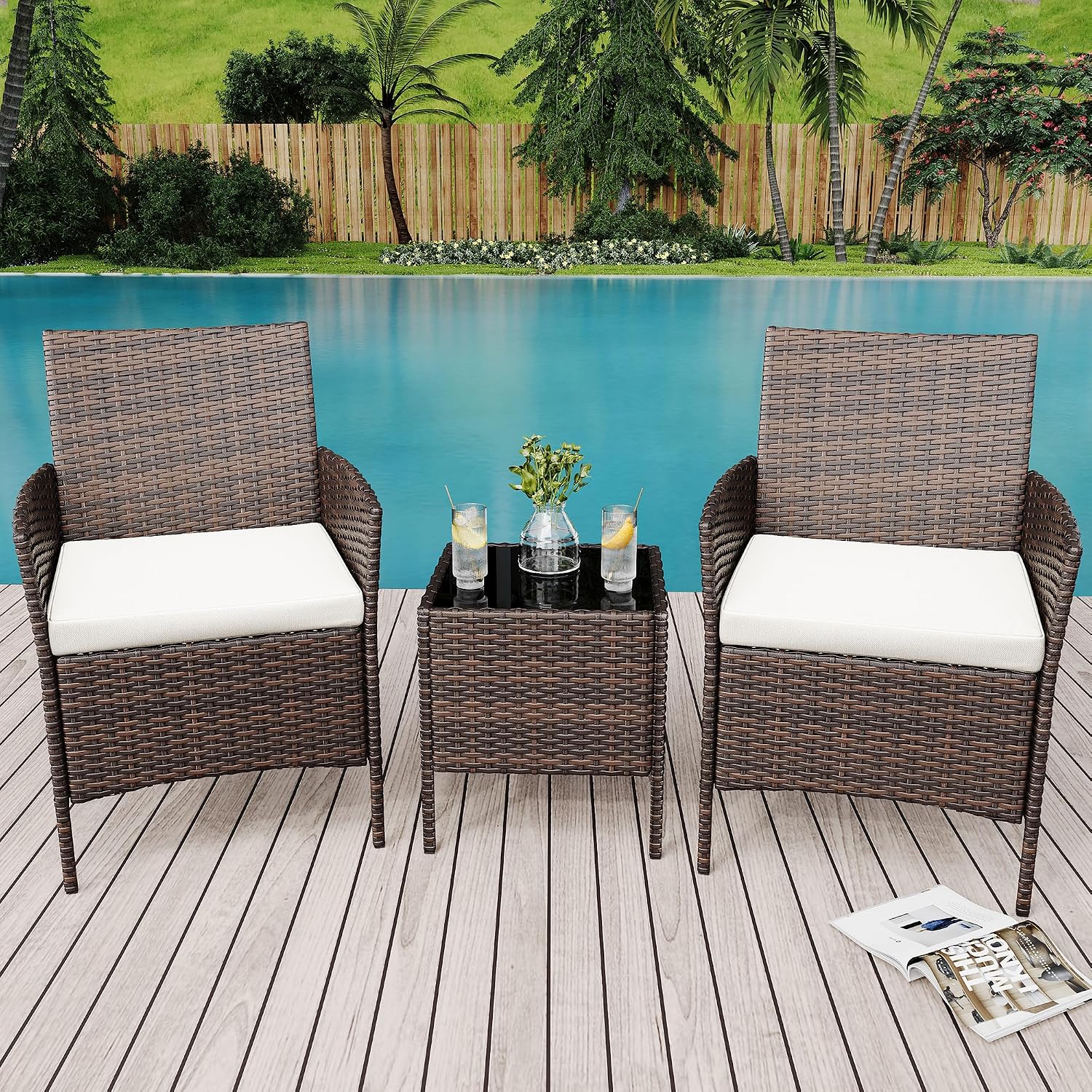 3 Piece Patio Furniture Set, Outdoor Patio Wicker Sofa Set with Upholstery and Glass Storage Coffee Table, All Weather Conversation Rattan Set for Garden, Porch, Lawn, Pool, Brown