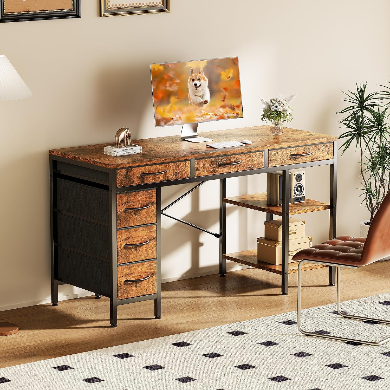 Sweetcrispy 55' Computer Desk with 6 Drawers, Home Office Gaming Desks with Storage Shelves for Bedroom, Writing Study Corner Living Room Work Table Rustic Brown