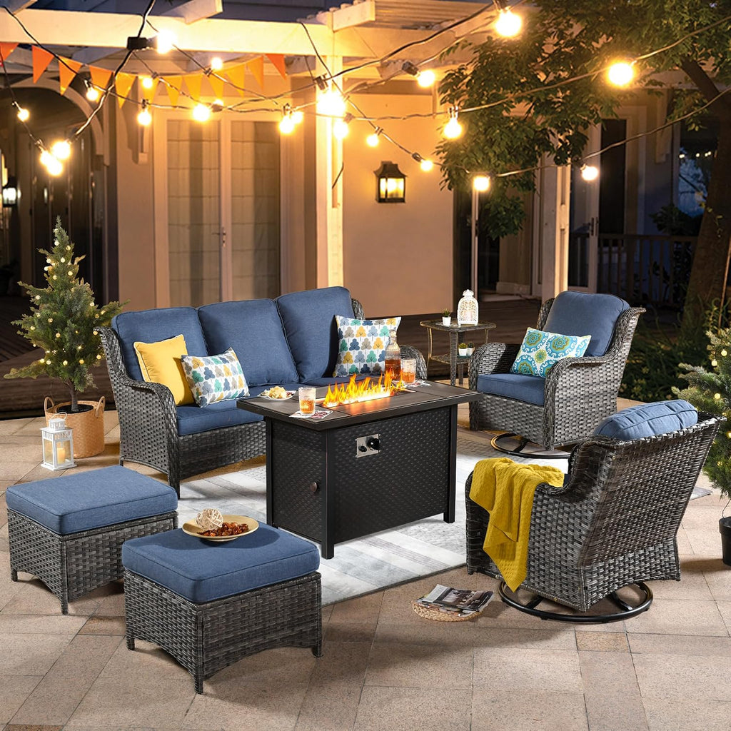 ovios 7 Pieces Patio Furniture Set with 42 inch Fire Pit Table, Outdoor Wicker Sofa Couch Swivel Rocking Glider Chairs, Modern Luxury Conversation Set, Grey Rattan, Denim Blue
