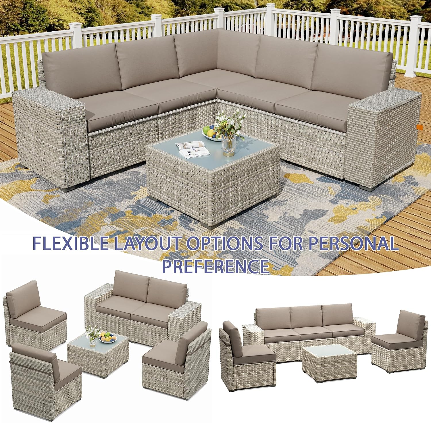 6 Piece Patio Furniture Set, 9.8' Wide Arm Sectional Sofa with Storage Armrests, All-Weather Rattan Outdoor Conversation Set for Garden, Porch, Lawn, Backyard, Balcony, Khaki