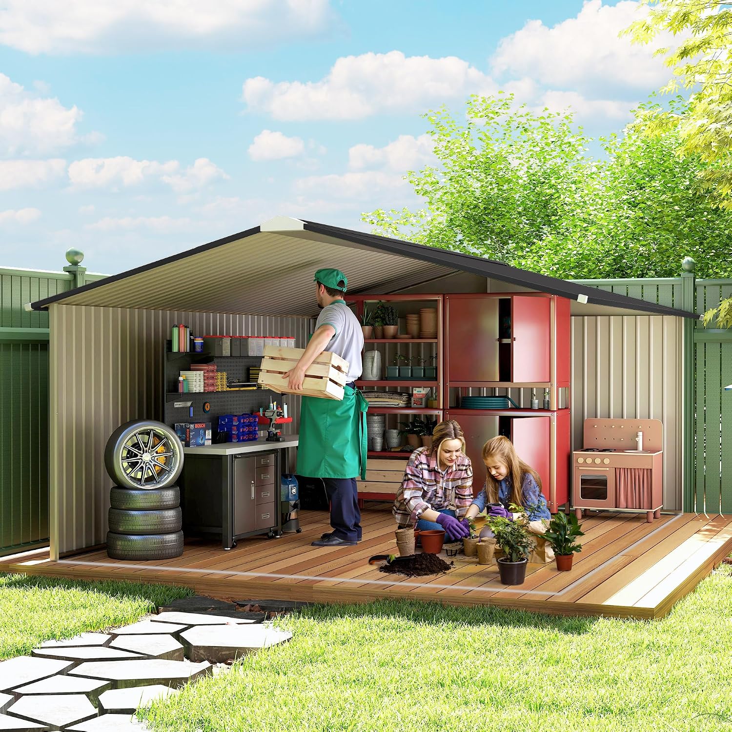 Outsunny 11' x 13' Outdoor Storage Shed, Garden Tool Metal Shed with Foundation Kit, Double Lockable Door, Air Vents and Sloping Roof, for Backyard, Patio, Lawn, White