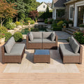 MOCHITO 7 Pieces Outdoor Patio Furniture Sets, All-Weather Sectional Sofa Dark Brown PE Rattan Wicker Conversation Set with Glass Table and Washable Grey Cushions for Backyard