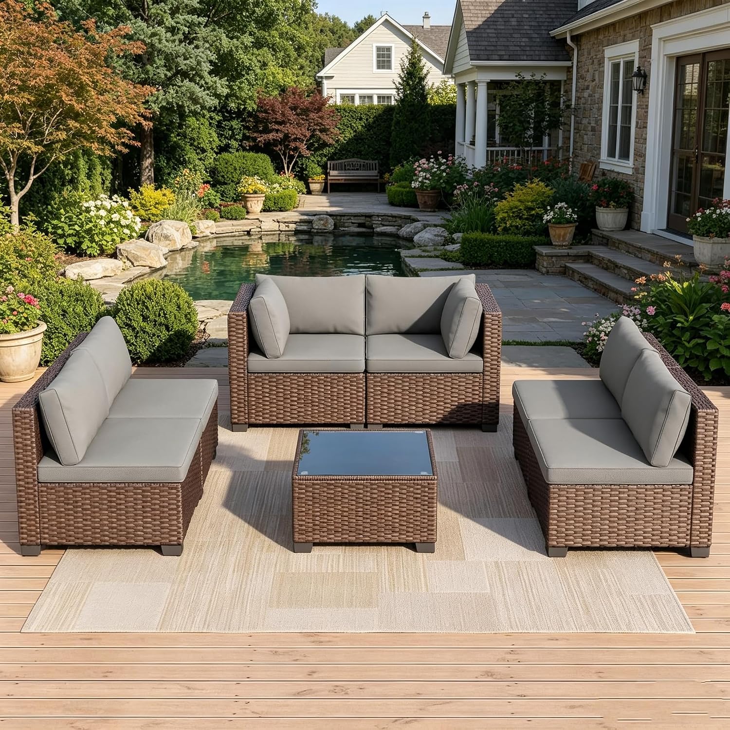 MOCHITO 7 Pieces Outdoor Patio Furniture Sets, All-Weather Sectional Sofa Dark Brown PE Rattan Wicker Conversation Set with Glass Table and Washable Grey Cushions for Backyard