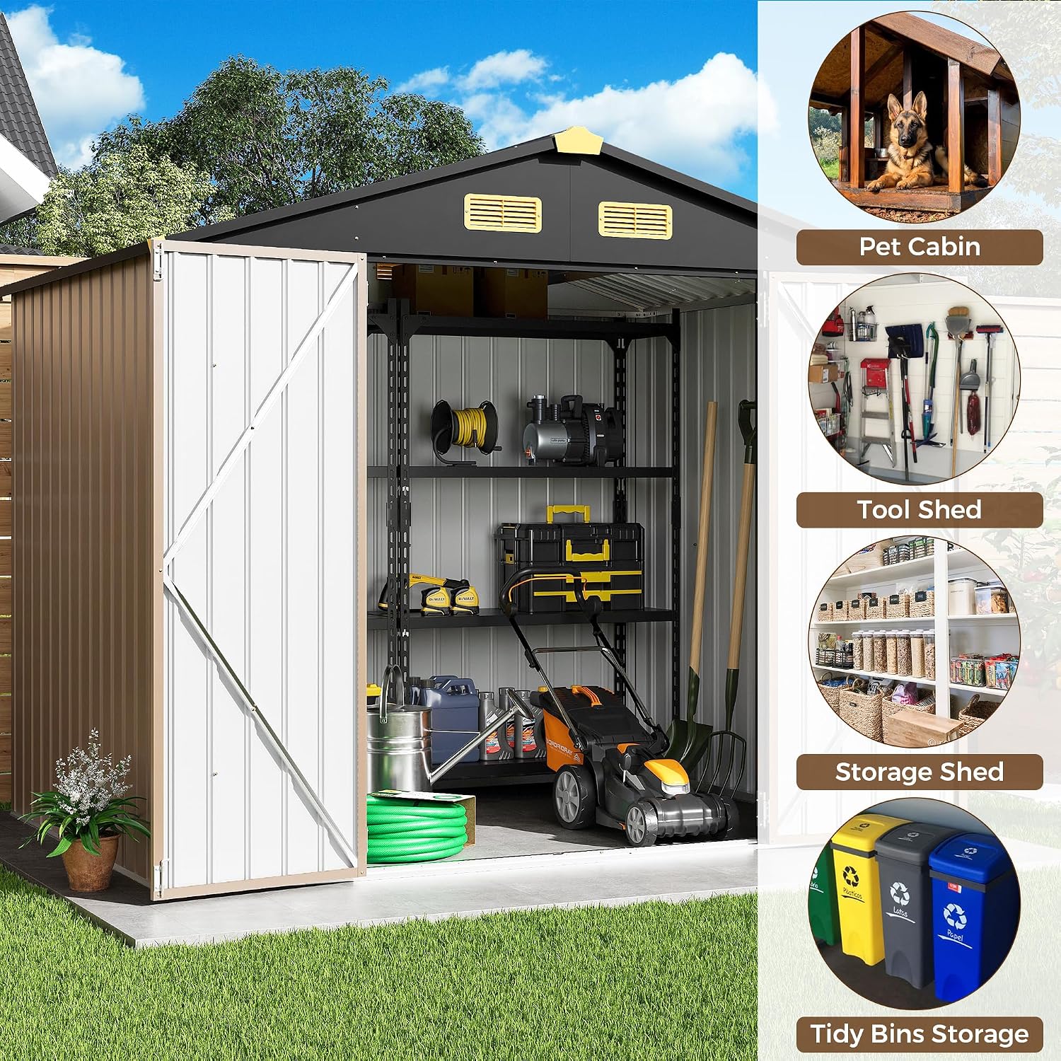 IRONCK 7.7x5.7 FT Storage Shed, Outdoor Metal Tool Shed with Breathable Vents and Lockable Doors, All-Weather Tool Storage for Patio, Outside, Poolside, Brown