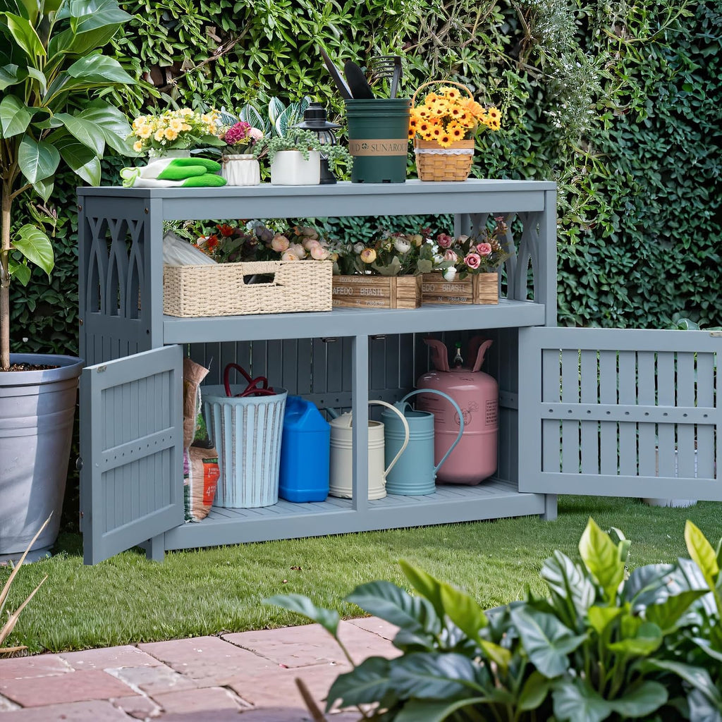 Greesum 2-Tier Outdoor Storage Cabinet in Acacia Wood, with 2 Magnetic Doors, for Garden, Picnic, Buffet, TV Stand, or Bar Table, Grey