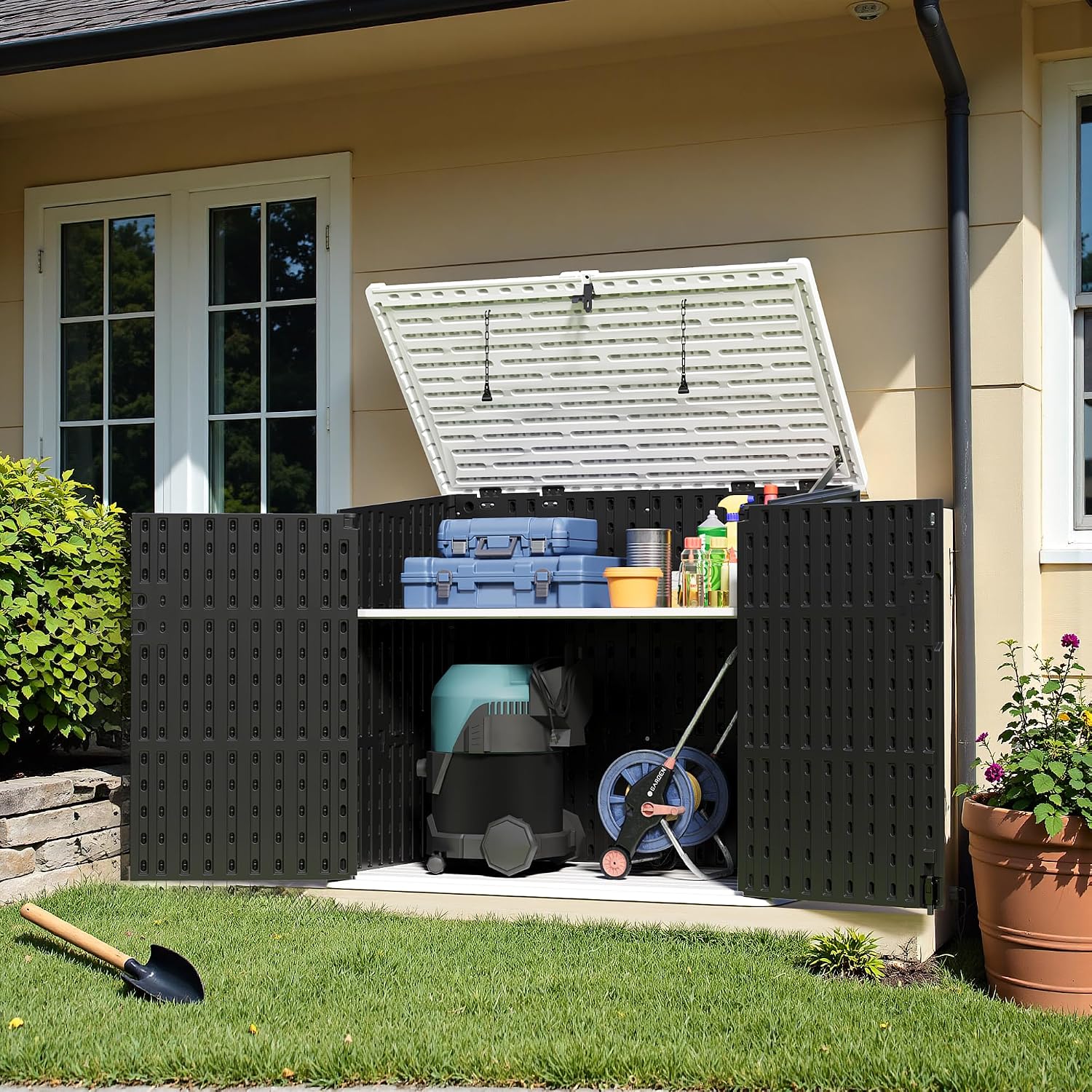 Greesum Outdoor Trash Can Storage Shed, 34 Cu.ft Horizontal Outdoor Storage Cabinet, Waterproof for Garden, Pool Storage, Garbage Cans, Black