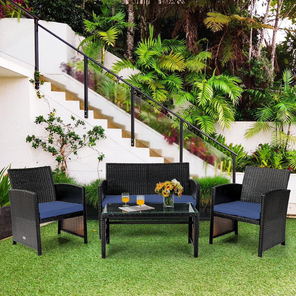 Tangkula 4 Pieces Rattan Furniture Set, Outdoor Conversation Set w/Chair & Loveseat & Tempered Glass Coffee Table, Suitable for Garden, Backyard, Poolside, Patio Furniture Set for 4 (1, Blue)