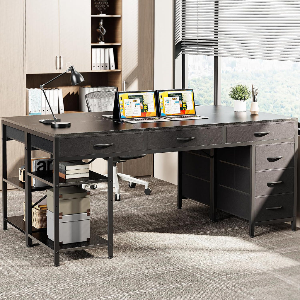 Huuger Computer Desk with 6 Drawers, Office Desk with Shelves, Reversible Gaming Desk, Corner Desk with Storage, Work for Home Office, Study, Living Room, 63inch, Black