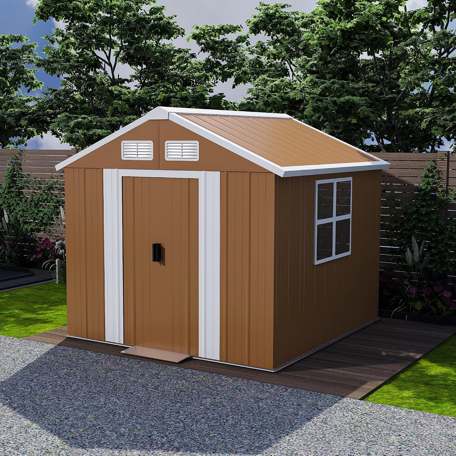 YOPTO 6X4 FT Heavy-Duty Metal Storage Shed with Windows,Waterproof Sheds & Outdoor Storage w/Rolling Door Lockable Door & Ventilation,Tool Organization,Sloped Roof,4-Season Ready,Brown