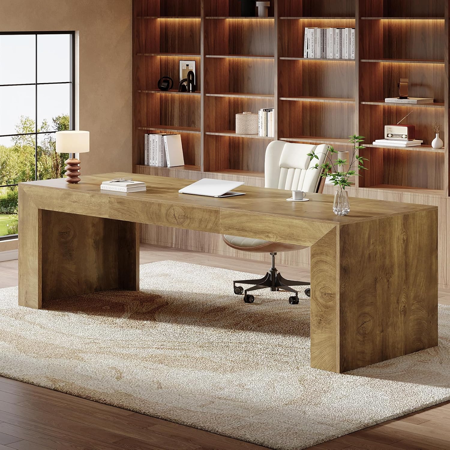 Tribesigns 78.7-Inch Long Computer Desk for 2 People, Farmhouse Executive Desk with Wooden Desktop and Legs, Large Workstations Writing Table Gaming Table for Home Office, Heavy Duty, Brown