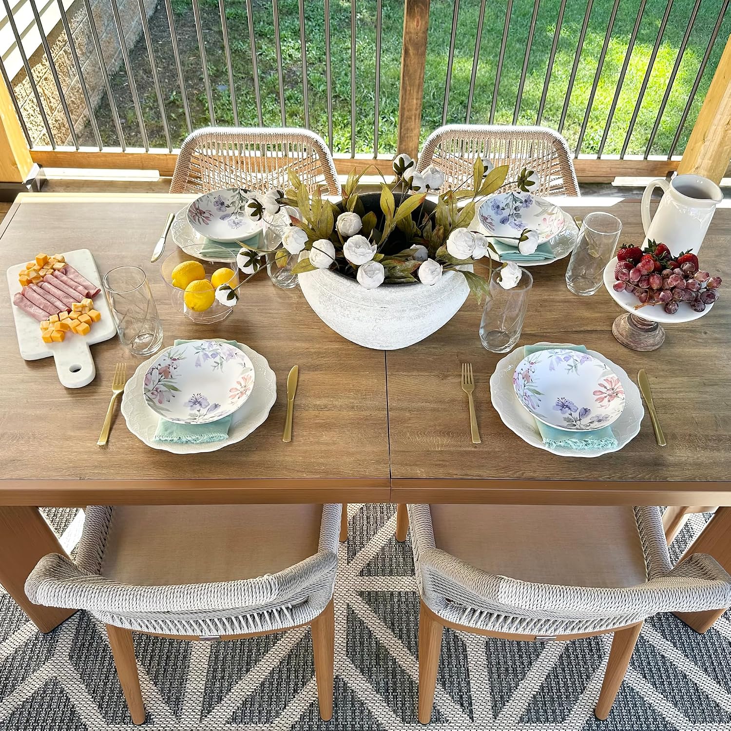 PURPLE LEAF 5 Pieces Dining Set Patio Metal Rectangular Table and Wicker Rattan Chairs for Outside Porch Garden Kitchen Modern Outdoor Furniture Sets