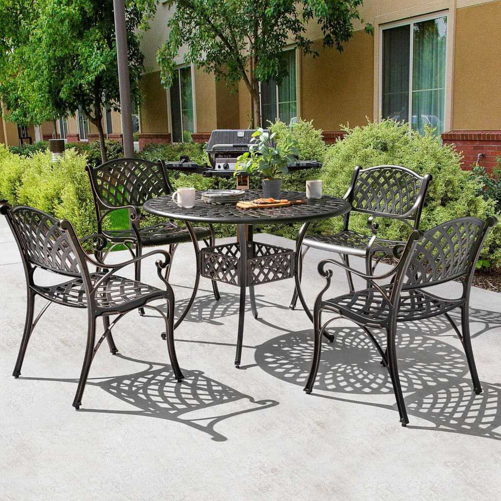 NUU GARDEN 5 Piece Outdoor Patio Dining Set, Cast Aluminum Round Dining Table with Umbrella Hole and Patio Dining Chairs for Patio, Garden, Backyard, Balcony, Black with Bronze Edge