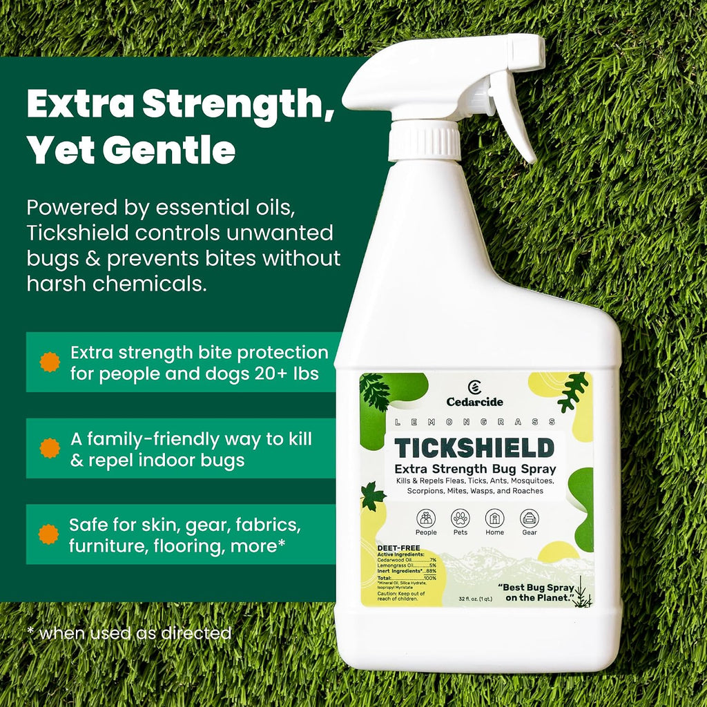 Cedarcide Extra Strength Tickshield | Deep Woods Cedar Oil Tick & Mosquito Repellent Spray for People, Pets, & Indoors | Kills & Repels Fleas, Ticks, Ants, Mites & Mosquitoes | Gallon