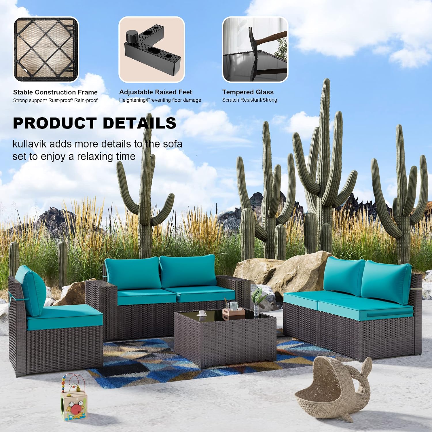 Kullavik Outdoor Patio Furniture Set 6 Pieces Sectional Rattan Sofa Set Brown PE Rattan Wicker Patio Conversation Set with 5 Seat Cushions and 1 Tempered Glass Table, Turquoise Blue