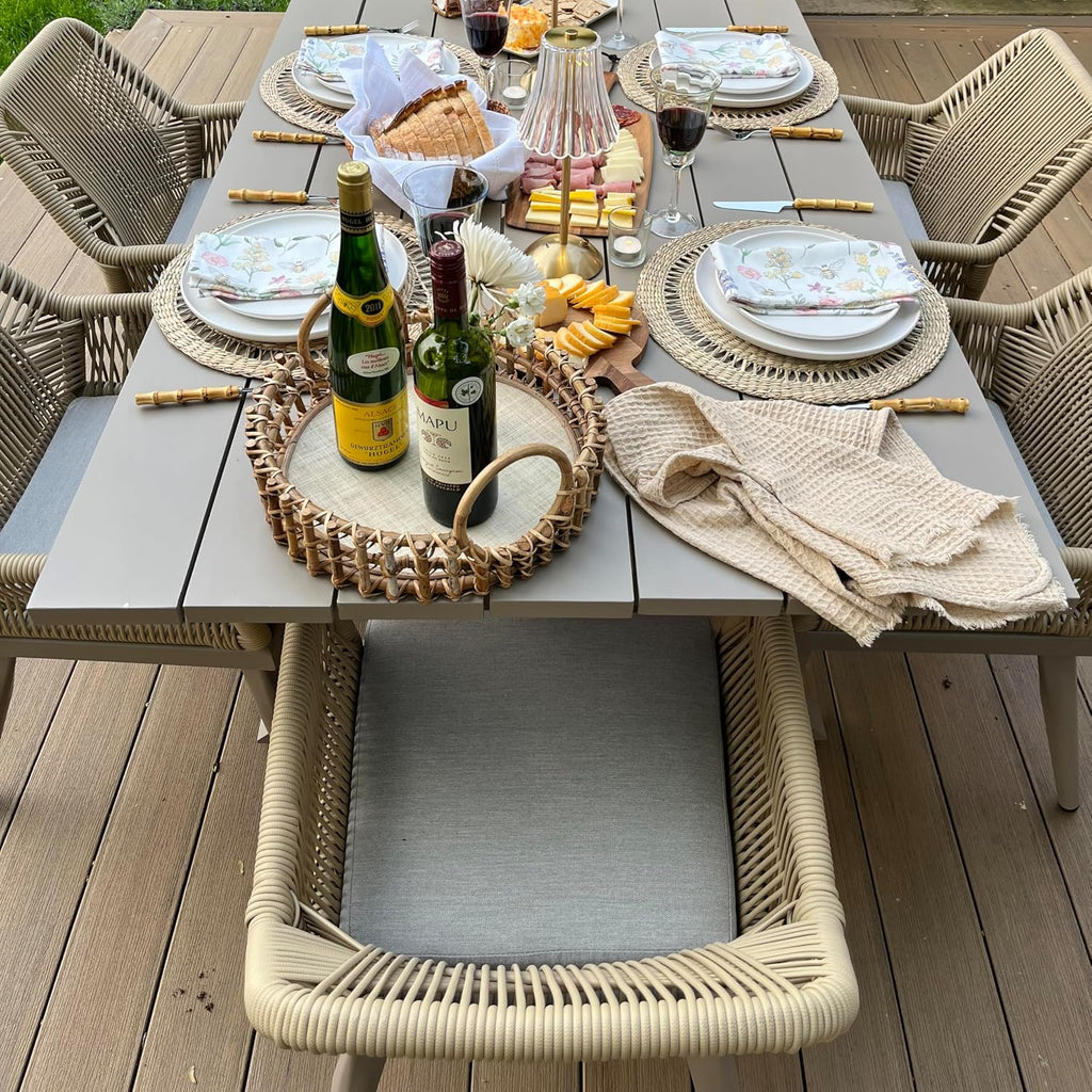 PURPLE LEAF 9 Pieces Outdoor Dining Set All-Weather PE Rattan Outdoor Patio Furniture Set with All Aluminum Frame Rectangular Table and Chairs Set for Lawn Garden Backyard Deck, Champagne