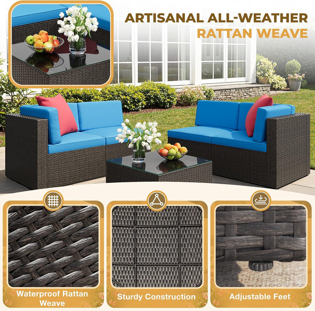 Flamaker 8 Pieces Patio Furniture Set with Fire Pit Table Outdoor Sectional Patio Sofa Furniture Set with Gas Fire Pit and Coffee Table & Ottoman Cushion Pillows, Blue