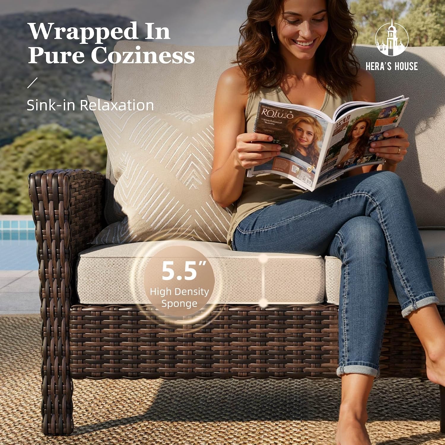 HERA'S HOUSE High Back Patio Furniture Set with Swivel Chairs, Outdoor Wicker Conversation Sets with 5.5' Comfy Cushions, 4 Piece Outside Sofa Sets, Beige
