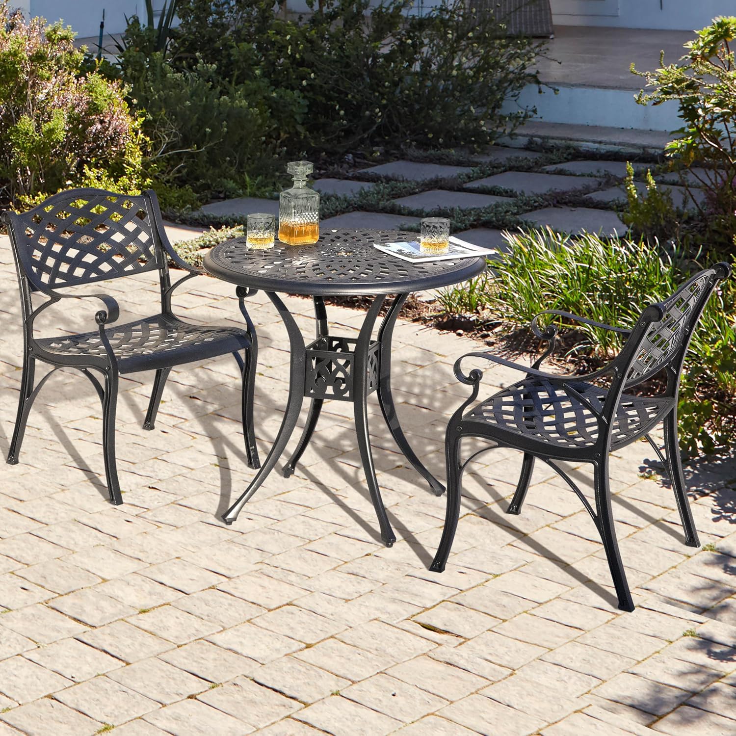 NUU GARDEN 3 Piece Outdoor Cast Aluminum Bistro Table Set Rustproof Table and Chairs with Umbrella Hole for Backyard, Balcony, Front Porch, Black