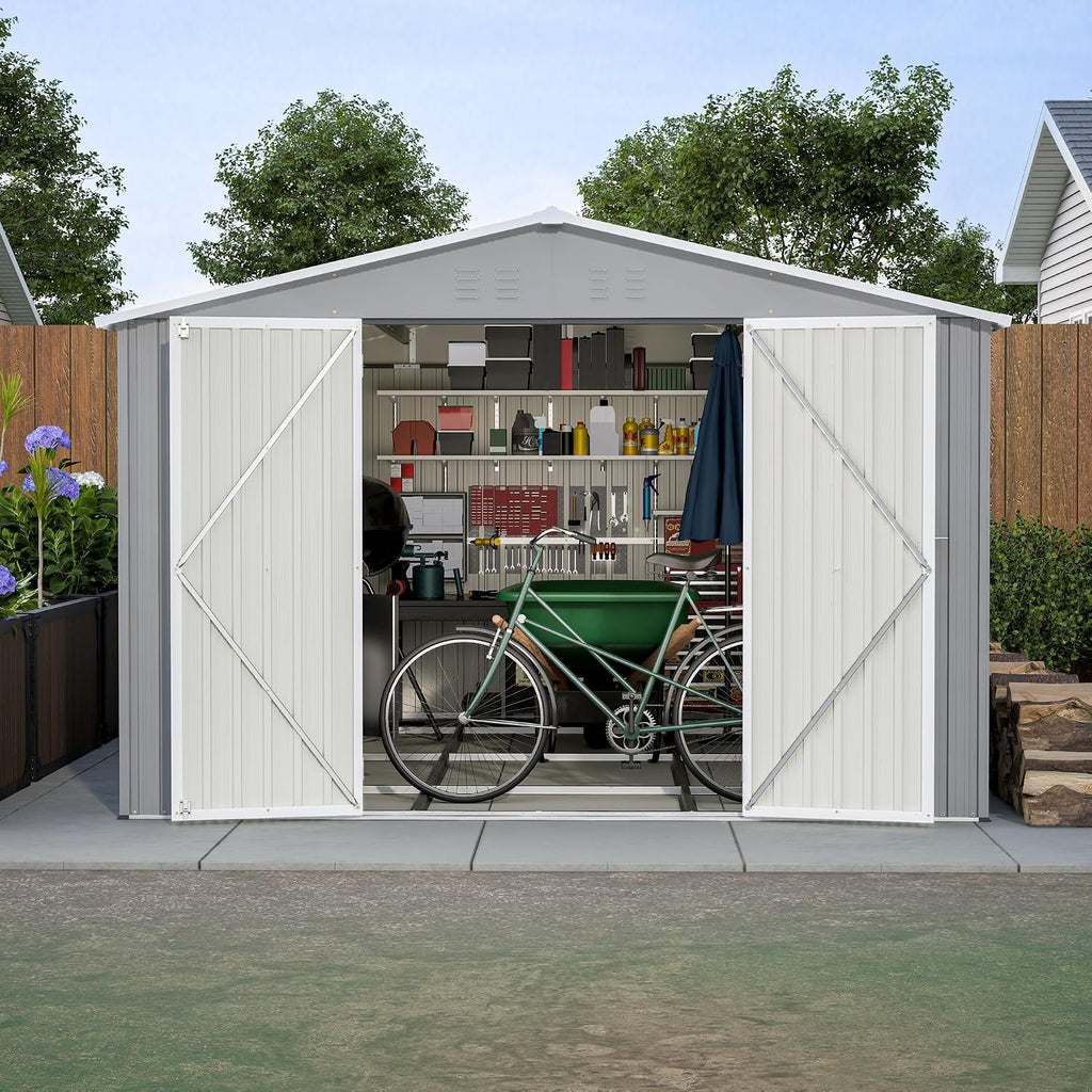 YOPTO 10x12 FT Outdoor Storage Shed with Floor Frame Kit,Metal Shed W/Double Lockable Doors,Garden Tool Storage House W/ 4 Air Vents & Sloped Roof,for Backyard,Patio,Lawn,Gray