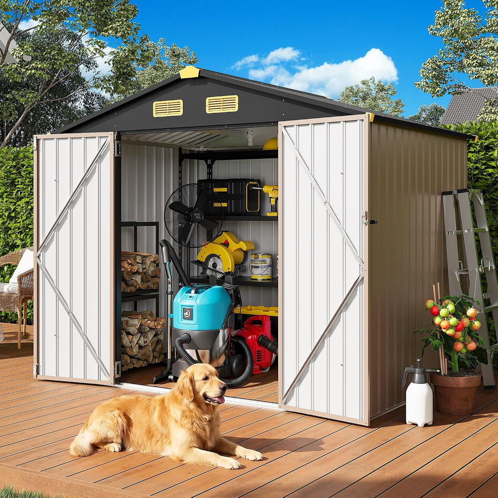 IRONCK 7.7x5.7 FT Storage Shed, Outdoor Metal Tool Shed with Breathable Vents and Lockable Doors, All-Weather Tool Storage for Patio, Outside, Poolside, Brown