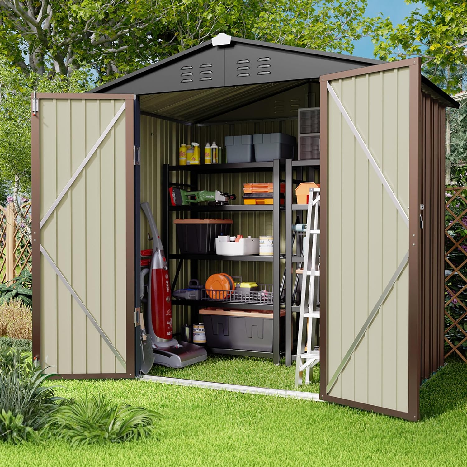 Gizoon Outdoor Storage Shed 6 x 4 FT, Galvanized Metal Garden Shed with Double Lockable Doors, Outdoor Storage Clearance for Backyard Patio Lawn-Light Brown