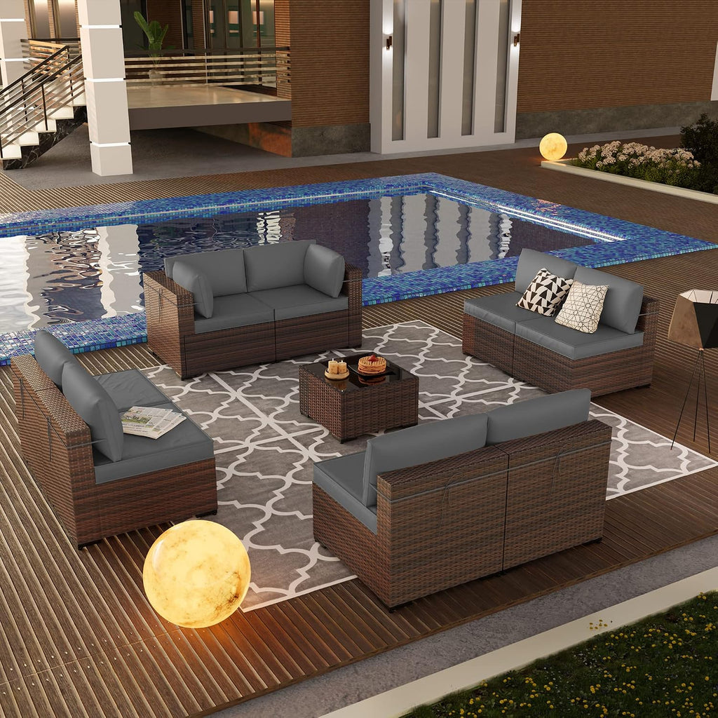 Kullavik 9 Pieces Outdoor Patio Furniture Set,Outdoor Sectional Rattan Sofa Set Brown PE Rattan Wicker Patio Conversation Set with Tempered Glass Coffee Table and Washable Cushions Covers,Grey