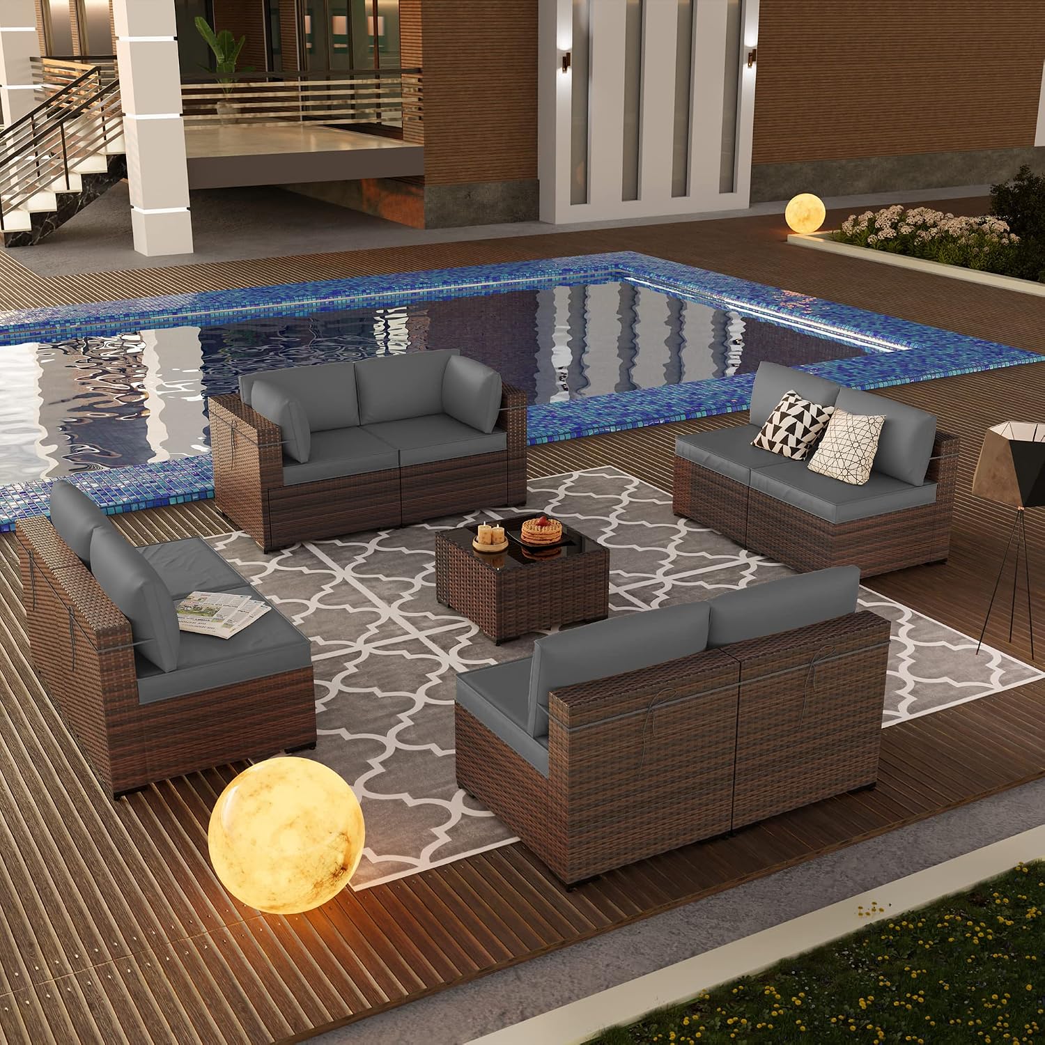 Kullavik 9 Pieces Outdoor Patio Furniture Set,Outdoor Sectional Rattan Sofa Set Brown PE Rattan Wicker Patio Conversation Set with Tempered Glass Coffee Table and Washable Cushions Covers,Grey