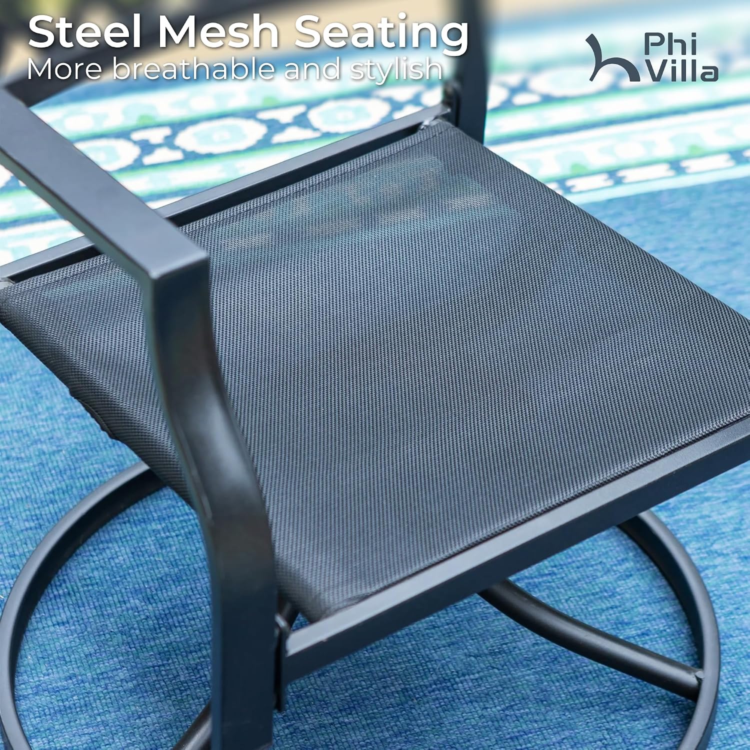 PHI VILLA Outdoor Metal Swivel Chairs Set of 2 Patio Dining Rocker Chair with Cushion Furniture Set for Garden Backyard Bistro, Black